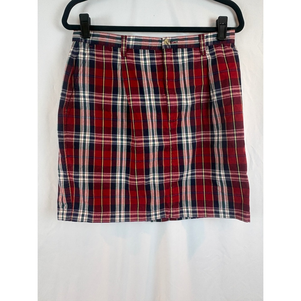 Eddie Bauer‎ Red Plaid Cotton Mini Skirt Womens 14 Petite Tartan Preppy Zip Fly